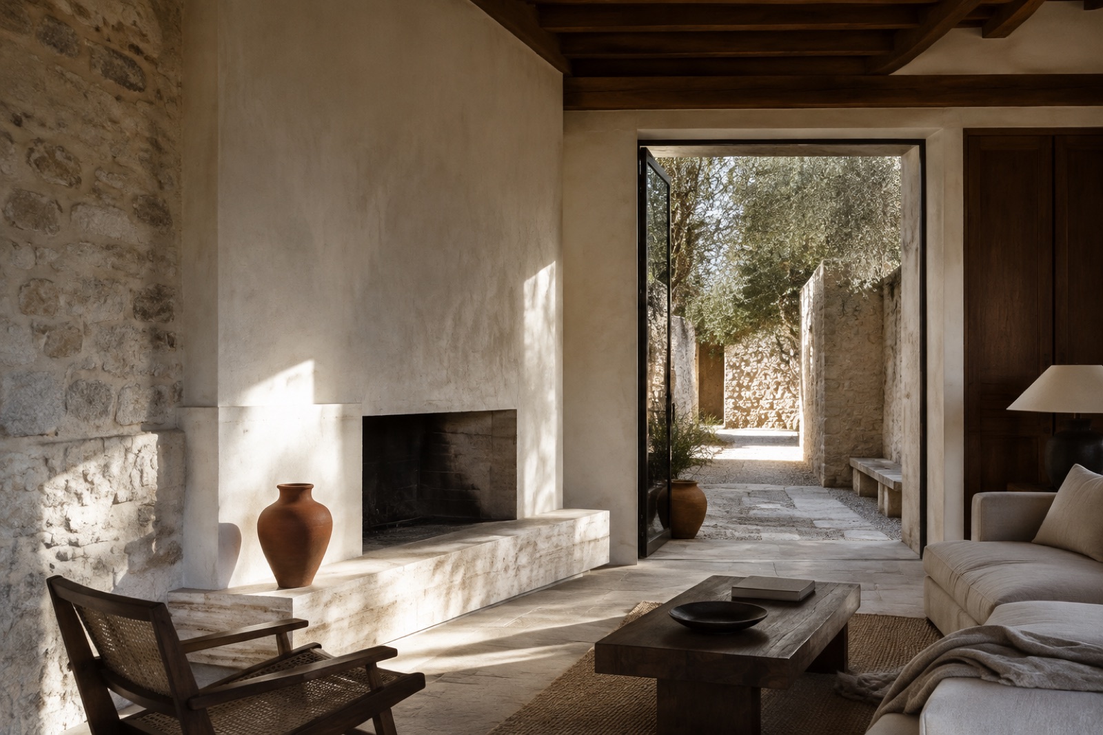 Intérieur lumineux d'une maison en pierre rénovée, avec cheminée minérale et cour plantée